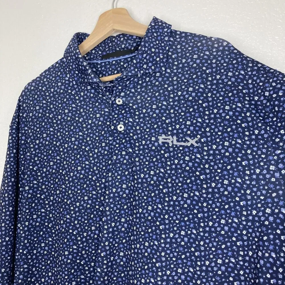 RLX Ralph Lauren Polo Shirt Mens Extra Large Navy Blue Floral Golf Performance